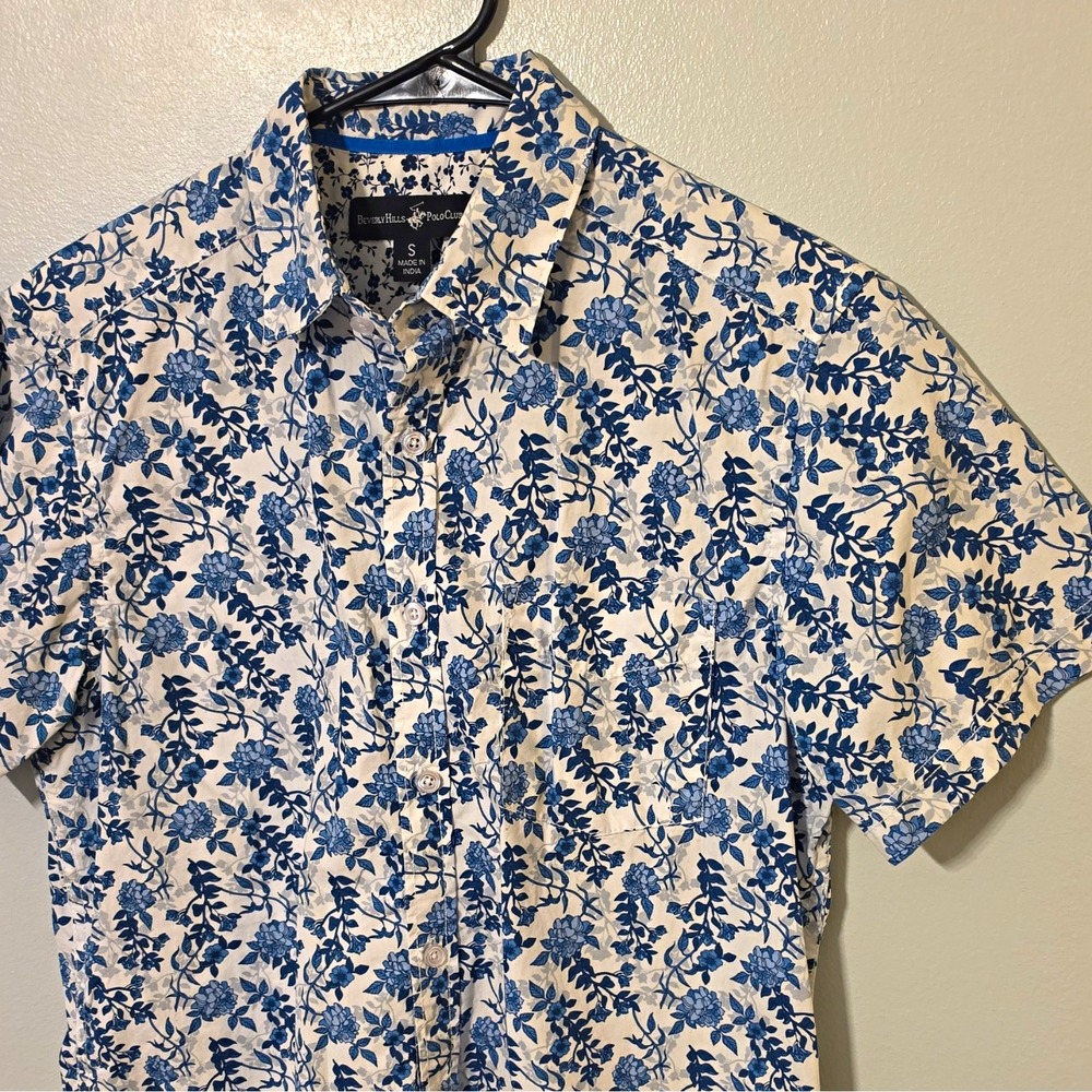 Beverly Hills Polo Club Men's Woven Cotton SS Button-Up Floral S Blue/White #329